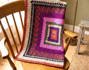 Handmade Crochet Granny Square Blanket, Colorful Retro Afghan Throw, Boho Acrylic Yarn Lapghan (38x38)