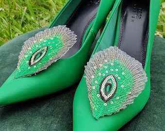 Emerald Green Peacock Shoe Clips with Gold Sequins