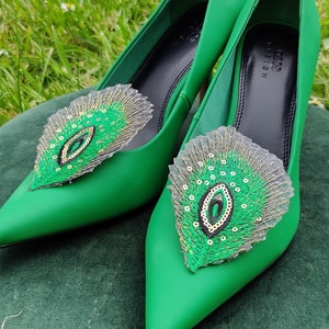 Emerald Green Peacock Shoe Clips with Gold Sequins