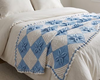 Hand Crocheted Queen Blanket, Blue White Floral Diamond, Cottagecore Bed Throw (71x71 Inch)