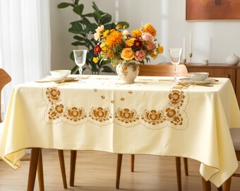 Handmade Hungarian Vintage Tablecloth – Golden Ochre Satin Stitch Embroidery, Crocheted Edge