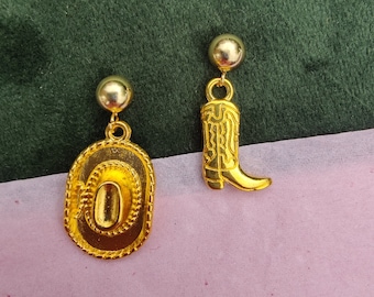 Mismatched Gold Cowgirl Stud Earrings with Boot and Cowboy Hat Charms Hypoallergenic