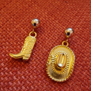 Cowboy Stud Gold Earrings Mismatched Boot and Cowgirl Hat Charms