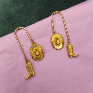 Western arch gold cowgirl earrings with boots and cowboy hats studs with dangle drop hypoallergenic Made in Canada