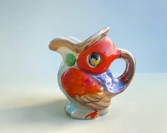 Jarra de crema vintage con figura de pájaro - Jarra iridiscente de estilo kitsch de mediados de siglo