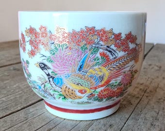 Vintage Japanese Kutani Tea Cup – Pheasant, Chrysanthemum, Gold Gilt, Crackle Glaze Yunomi