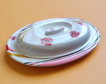 Large Retro Melamine Serving Set - Pink Floral Oval Platter with Lid - 40cm