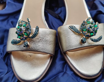 Sea Turtle Green Turquoise Gold Sparkling Shoe Clips with Individually Set Rhinestones