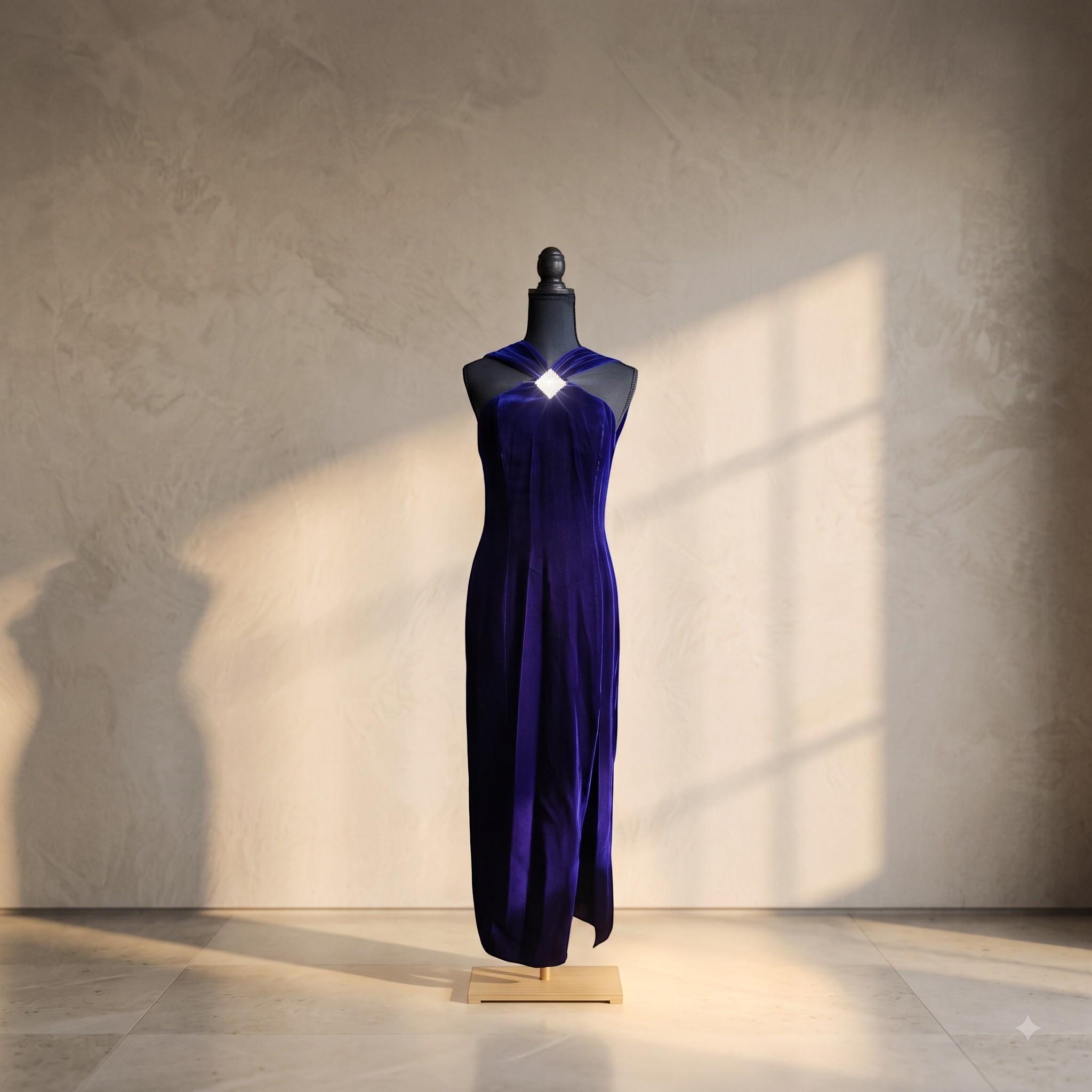 Vintage Royal Blue Velvet Maxi Dress 90s Formal Rhinestone Gown, Size XS S