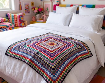 Crocheted Granny Square Blanket, Rainbow Acrylic Lap Throw, Boho Nursery Afghan, Vintage Stroller Blanket