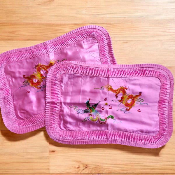 Vintage Pink Silk Dragon Phoenix Pillow Shams – Embroidered Chinoiserie MCM Home Decor
