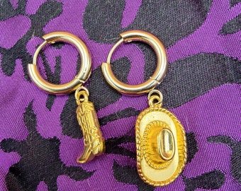 Mismatched Gold Cowboy Boots and Cowgirl Hats Huggie Hoop Earrings Gold 24k Plated