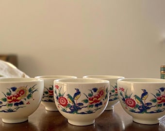 Vintage Kutani 5 Tea Cups – Hand-Painted Birds, Flowers Porcelain Set