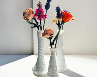Vintage Milk Glass Bud Vases – Stars and Bars, Quilted Diamond MCM Decor