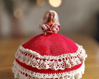 Vintage Barbie Bed Doll Pillow: Handmade Crochet Southern Belle Gown (1990s Kitsch)