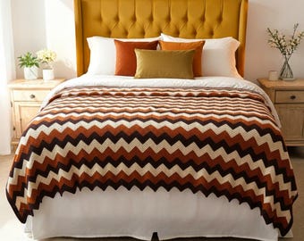 Weighted Handmade 1970s Earth and Ember Chevron Bedspread - King/Queen
