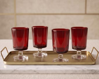 Set of 4 Vintage Ruby Red Cordial Glasses, French Clear Pedestal Stemware FRANCE