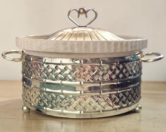 Vintage English Ironstone Casserole - Faux Bamboo Silver-Plated Basket and Lid