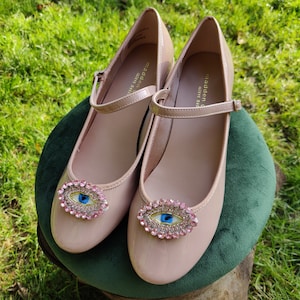 Evil Eye Shoe Clips with Embroidery and Rhinestones
