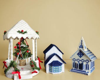 Vintage Handmade Crochet Musical Village: Rotating Christmas Gazebo, Church, & Blue Cottage