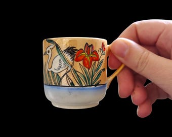1930s Japanese Lusterware Cup – Hand Painted Heron, Iris, Peach Porcelain