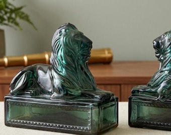 1970s Avon Glass Lion Bottles Teal Green Fragrance Sculptures MCM 6" - single or pair