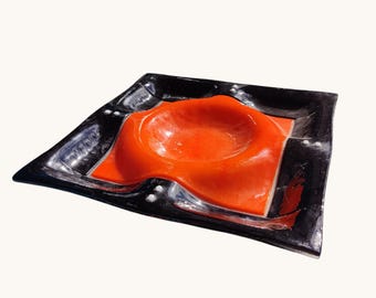 Handmade Fused Glass Snack Tray - Orange and Black Abstract MCM Style Home Decor