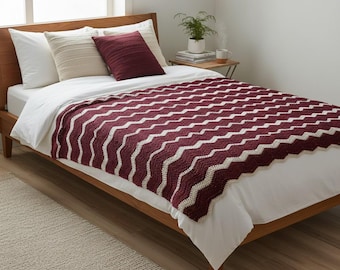 Burgundy Chevron Crochet Blanket – Metallic Gold Sparkle Zig Zag Throw