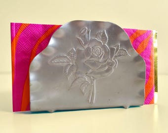 Vintage Hammered Aluminum Napkin Holder: Embossed Rose Leaf, 1950s Cottagecore Kitchen Decor