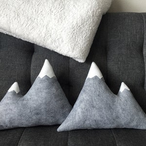 Mountain Pillow Wool Felt - Grey with White Snow Caps Mountains Rustic Decor Cabin Dorm Bedroom Nursery Camp Woodland