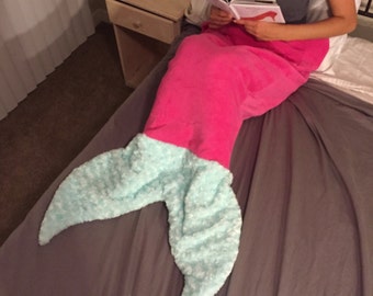 Mermaid Tail Blanket Adult / Child Pink Minky Soft Furry Teal Fin