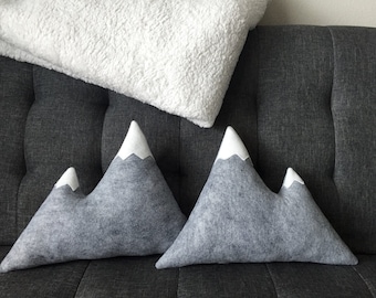 Mountain Pillow Wool Felt - Grey with White Snow Caps Mountains Rustic Decor Cabin Dorm Bedroom Nursery Camp Woodland