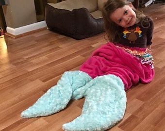 Mermaid Tail Blanket Child / Adult Pink Minky Soft Furry Teal Fin