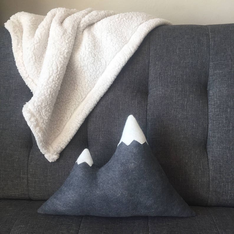 Mountain Pillow Wool Felt Dark Grey with White Snow Caps Rustic Decor Mountains Are Calling Cabin Dorm Woodland Rustic Nursery image 1