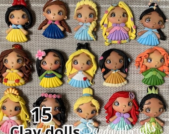 15 Princesas de Arcilla / Adornos de Arcilla / Centros de Arcilla para Lazos / Muñecas de Arcilla Hechas a Mano / Muñecas de Porcelana Fría / Centros para Lazos / Lazos para el Cabello de Arcilla.