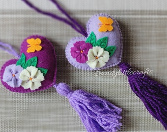 Felt Heart Ornaments, Purple Heart Ornament, Heart Tassel, Heart Pom Pom, Heart Wedding Favor, Spring Felt Ornament, Floral Ornaments.