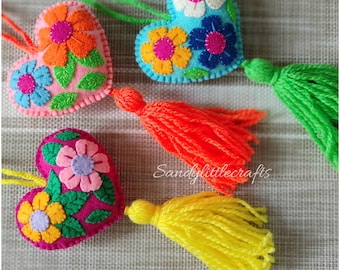 Mexican Heart Ornament, Mexican Christmas Tree Ornament, Mexican Heart Tassel, Felt Heart Ornament, Mexican Tassel Bag, Mexican Handmade