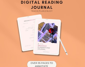 Puede incluir: Un diario de lectura digital con más de 35 páginas para anotar. El diario está diseñado para amantes de los libros y blogueros de libros. La portada presenta una rosa roja sobre un fondo blanco. El texto en la portada dice "#BOOKISH PLANNER AND JOURNAL".