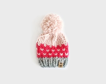 Soda Pop Chunky Knitted Hat - Grey, Hot Pink and Pink - Newborn, baby, children & adult size