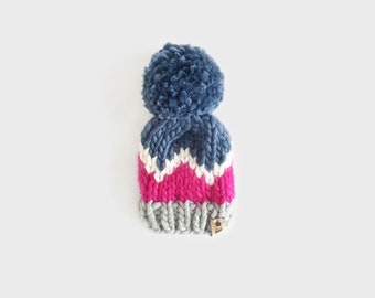 Chunky 4 Colour Firecracker Hat - Light Grey, Hot Pink, White and Navy - Newborn, baby, children & adult size