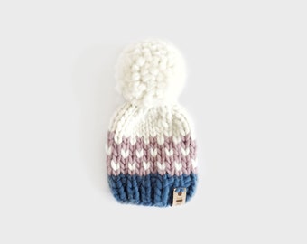 Soda Pop Chunky Knitted Hat - Navy, Mauve and White - MAUVE POM POM - Newborn, baby, children & adult size