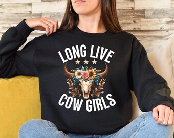 Sudadera bohemia con calavera de vaca: moda de rodeo vaquera occidental, cuello redondo de música country