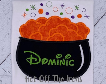 Embroidered Halloween Cauldron Shirt, Personalized Orange Bubbles