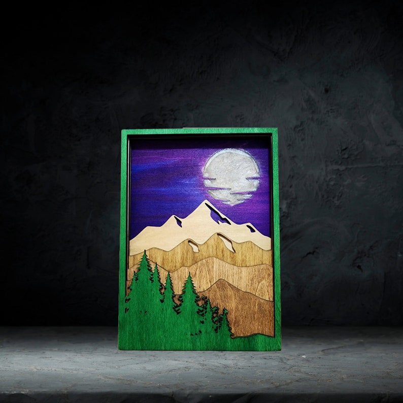 Moon and Mountain Layered Wood Art Etsy