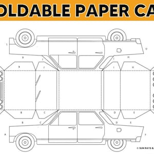 Puede incluir: Una plantilla de coche de papel imprimible con instrucciones para doblar. La plantilla incluye una vista superior del coche y una vista lateral del coche.