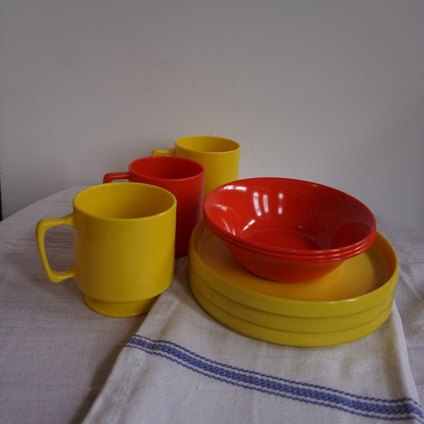 Red and Yellow Plastic Picnicware Set- 3 plates, 3 bowls, 3 mugs