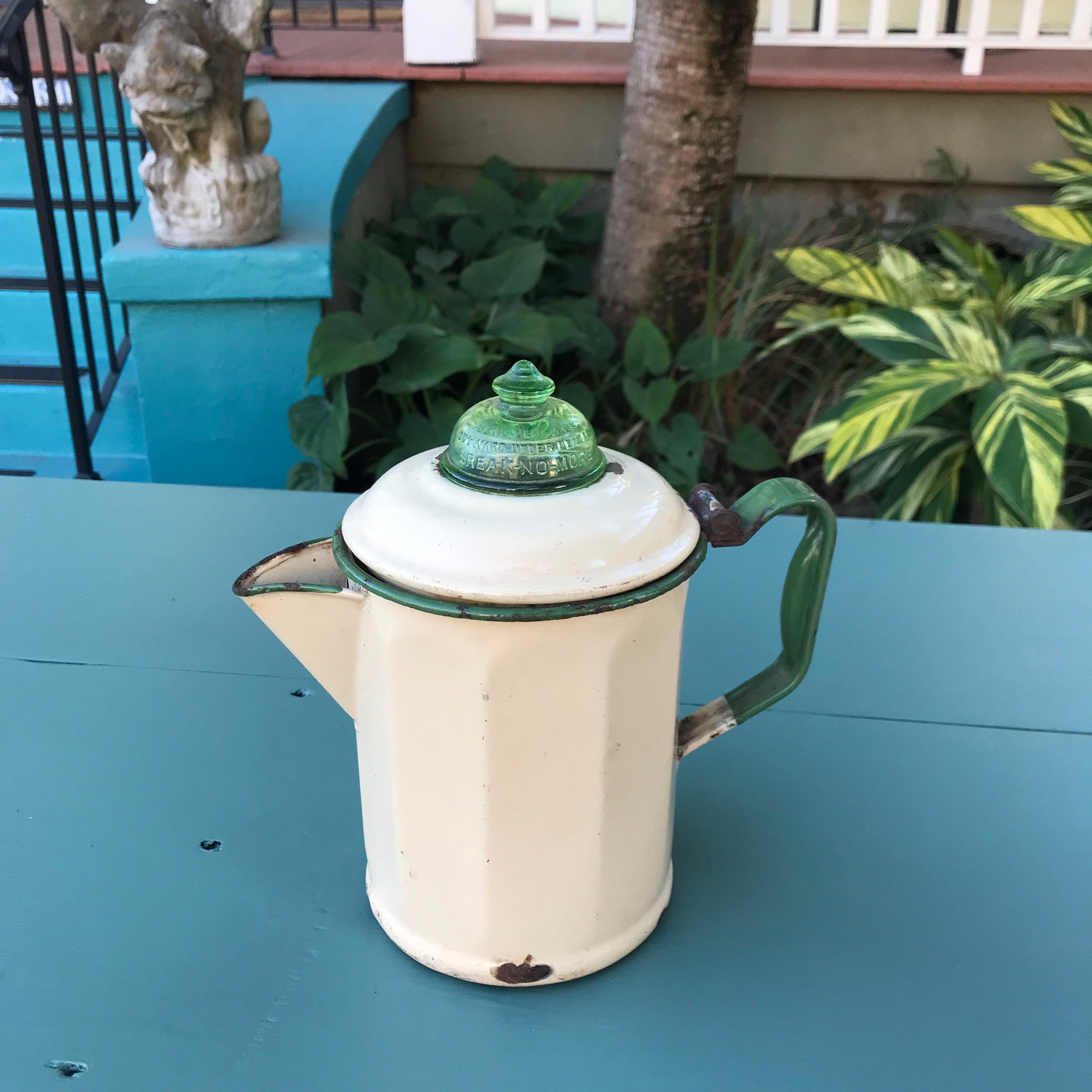 Vtg Metal Coffee Pot Percolator Stove Top Cardella Break No More Green Glass