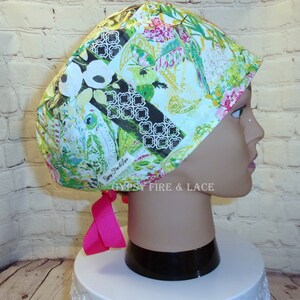Euro Style | Bright Lime Green & Hot Pink | Women&#39;s Ribbon Tie Back Scrub Cap | Surgical Scrub Hat |   | FREE SHIPPING! Add SATIN Lining!