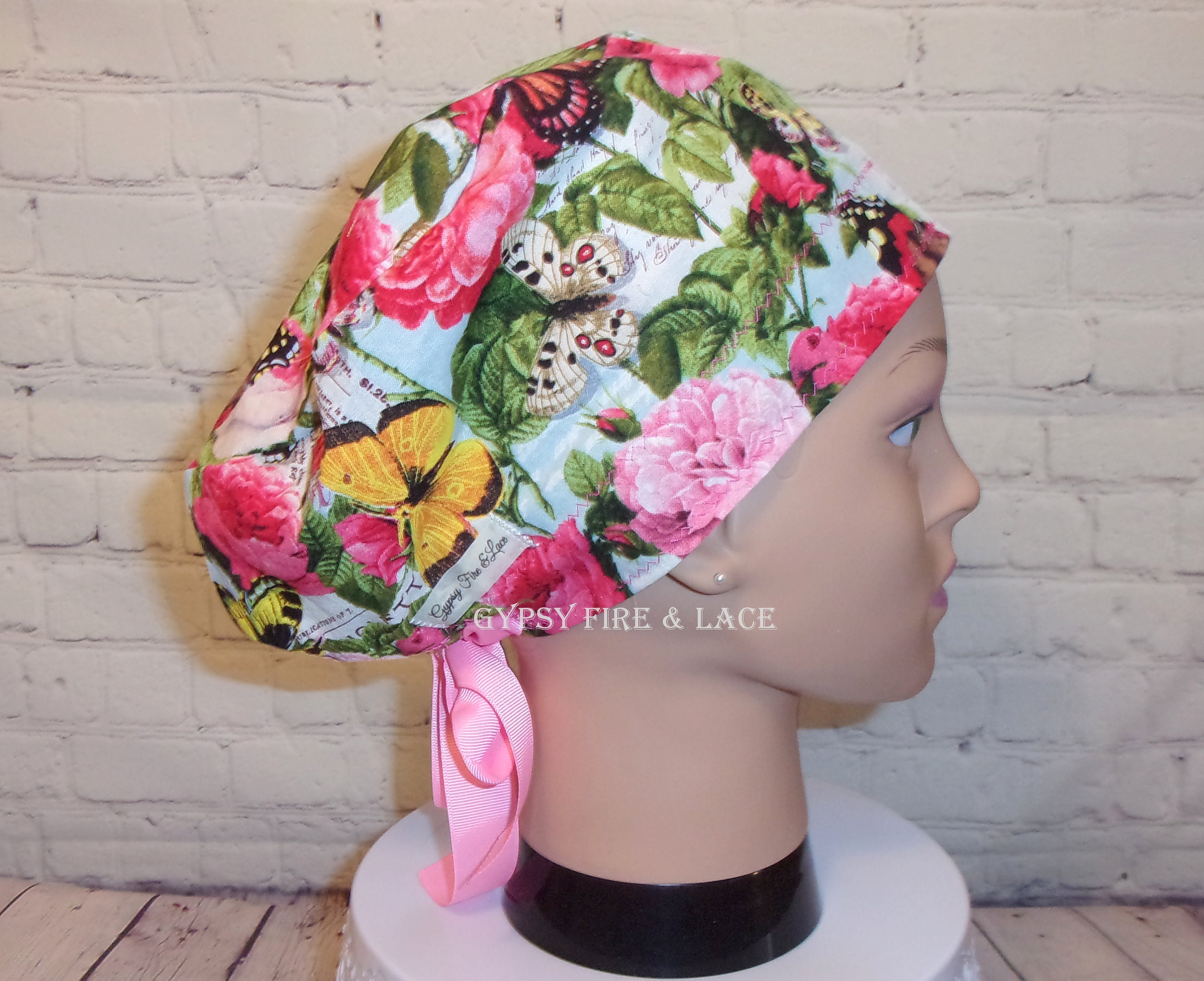 Bright Pink & Butterfly Ribbon Tie Back Scrub Cap Surgical Scrub Hat Women's Euro Style FREE SHIPPING!!