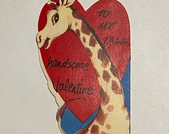 Tarjeta de San Valentín infantil vintage de los años 60/Jirafa/"Para mi Valentín alto y guapo"